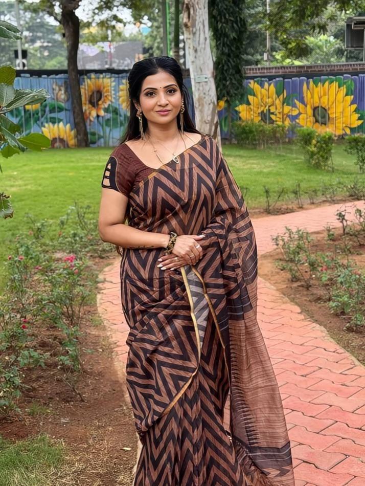 Modern Terracotta And Black Zigzag Geometric Chanderi Saree