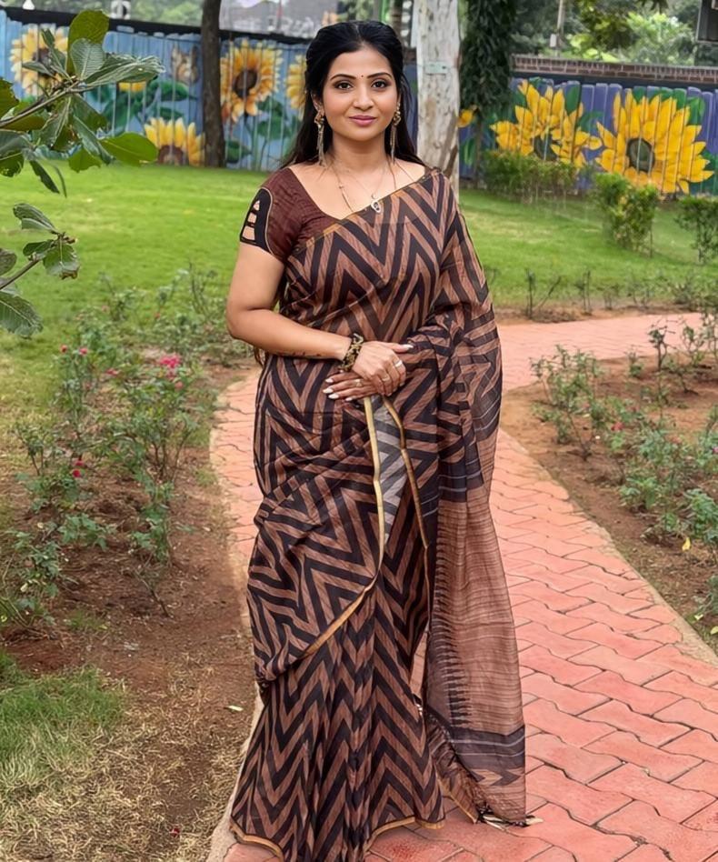 Modern Terracotta And Black Zigzag Geometric Chanderi Saree