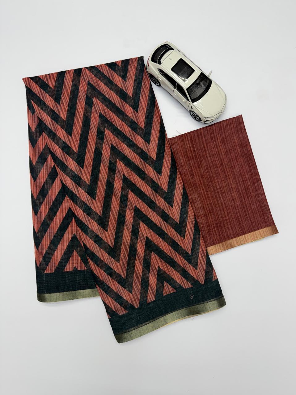 Modern Terracotta And Black Zigzag Geometric Chanderi Saree