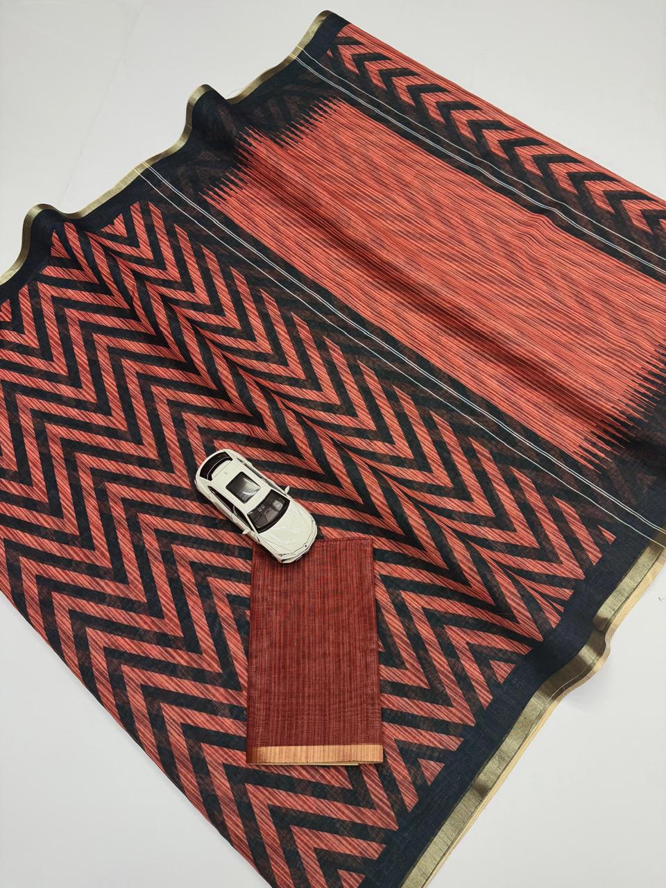 Modern Terracotta And Black Zigzag Geometric Chanderi Saree