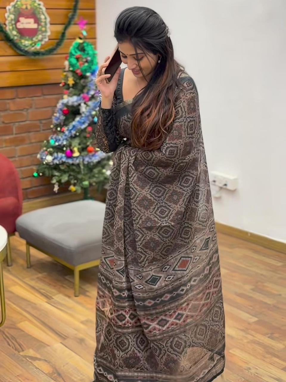 Timeless Charcoal Black Ajrakh Style Block Print Chanderi Saree