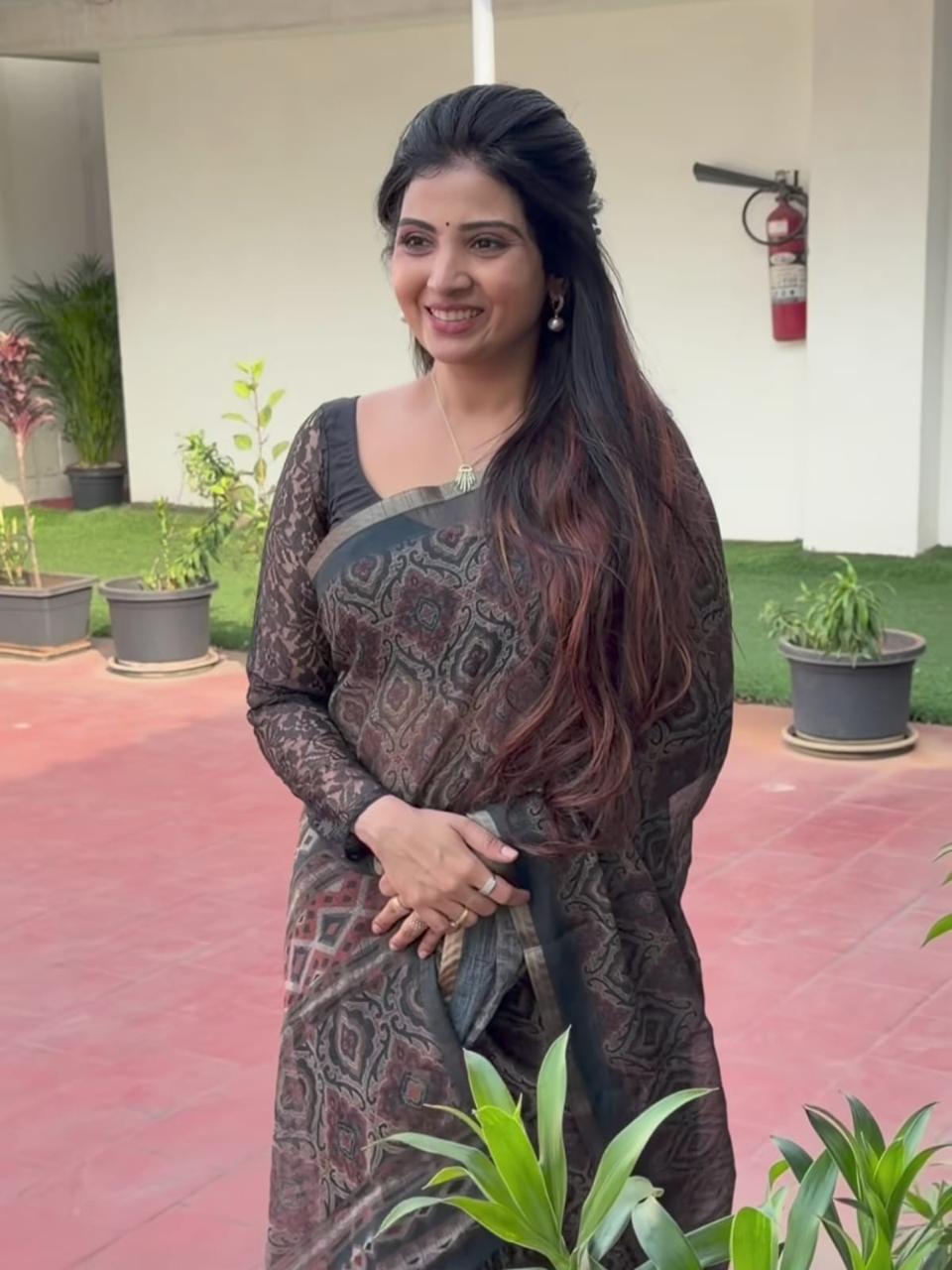 Timeless Charcoal Black Ajrakh Style Block Print Chanderi Saree