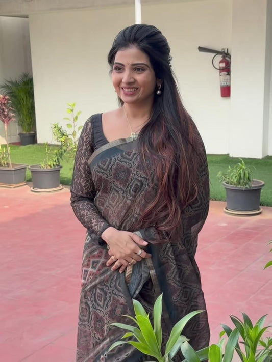 Timeless Charcoal Black Ajrakh Style Block Print Chanderi Saree