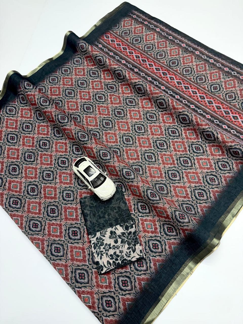 Timeless Charcoal Black Ajrakh Style Block Print Chanderi Saree