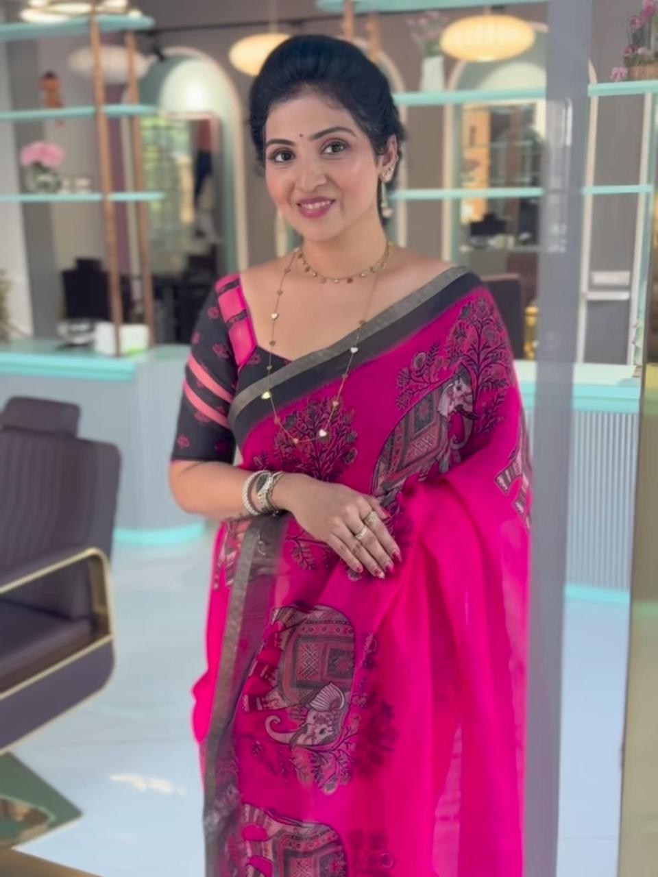 Ethnic Pink Elephant Motif Chanderi Cotton Saree With Zari Border