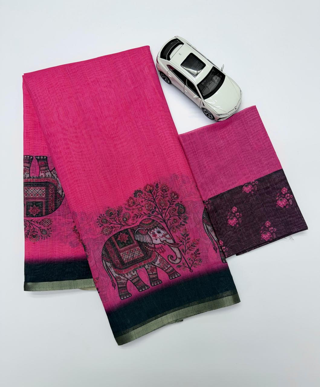 Ethnic Pink Elephant Motif Chanderi Cotton Saree With Zari Border