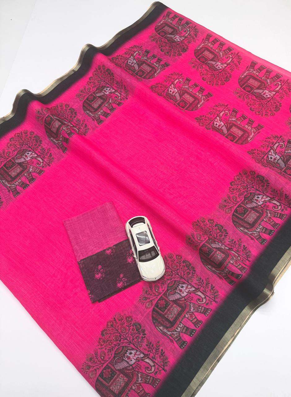 Ethnic Pink Elephant Motif Chanderi Cotton Saree With Zari Border