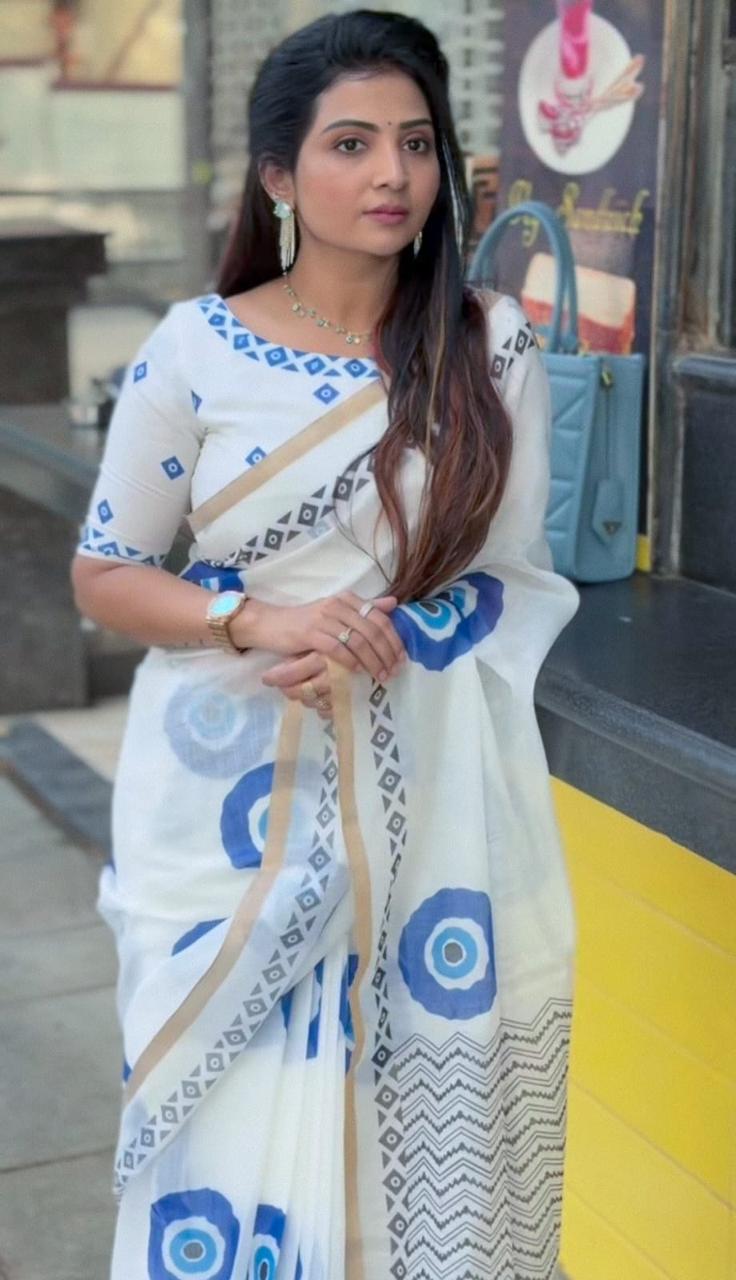 Contemporary White And Blue Evil Eye Print Chanderi Saree