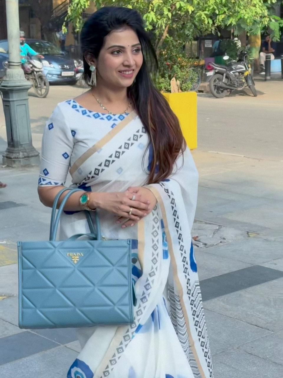 Contemporary White And Blue Evil Eye Print Chanderi Saree