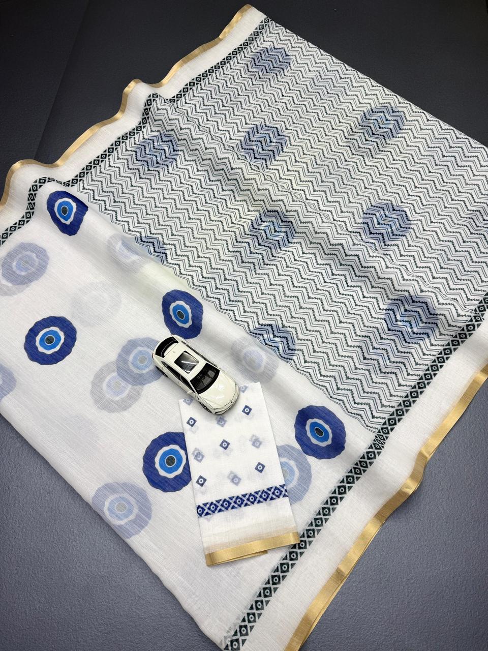 Contemporary White And Blue Evil Eye Print Chanderi Saree