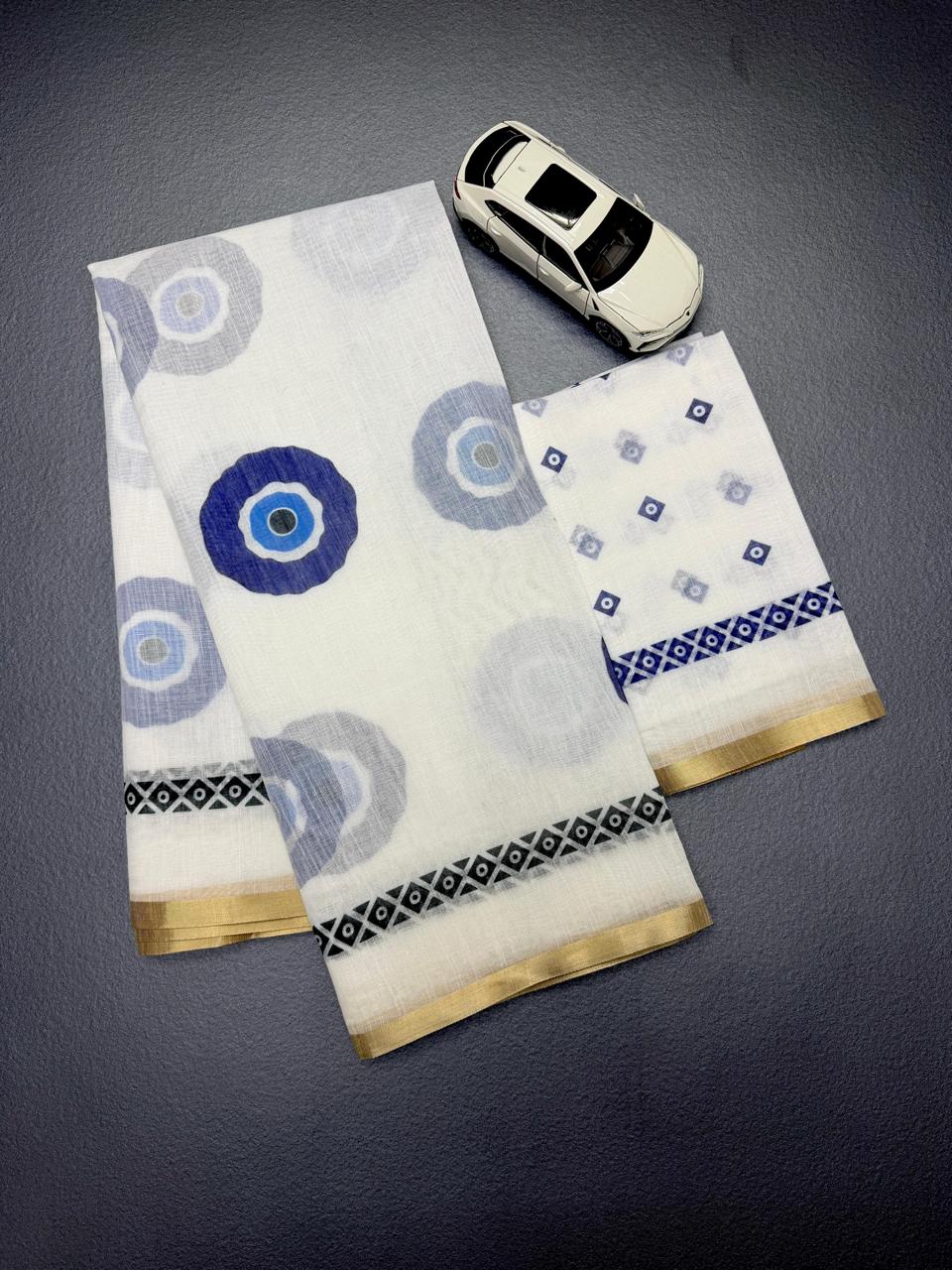 Contemporary White And Blue Evil Eye Print Chanderi Saree