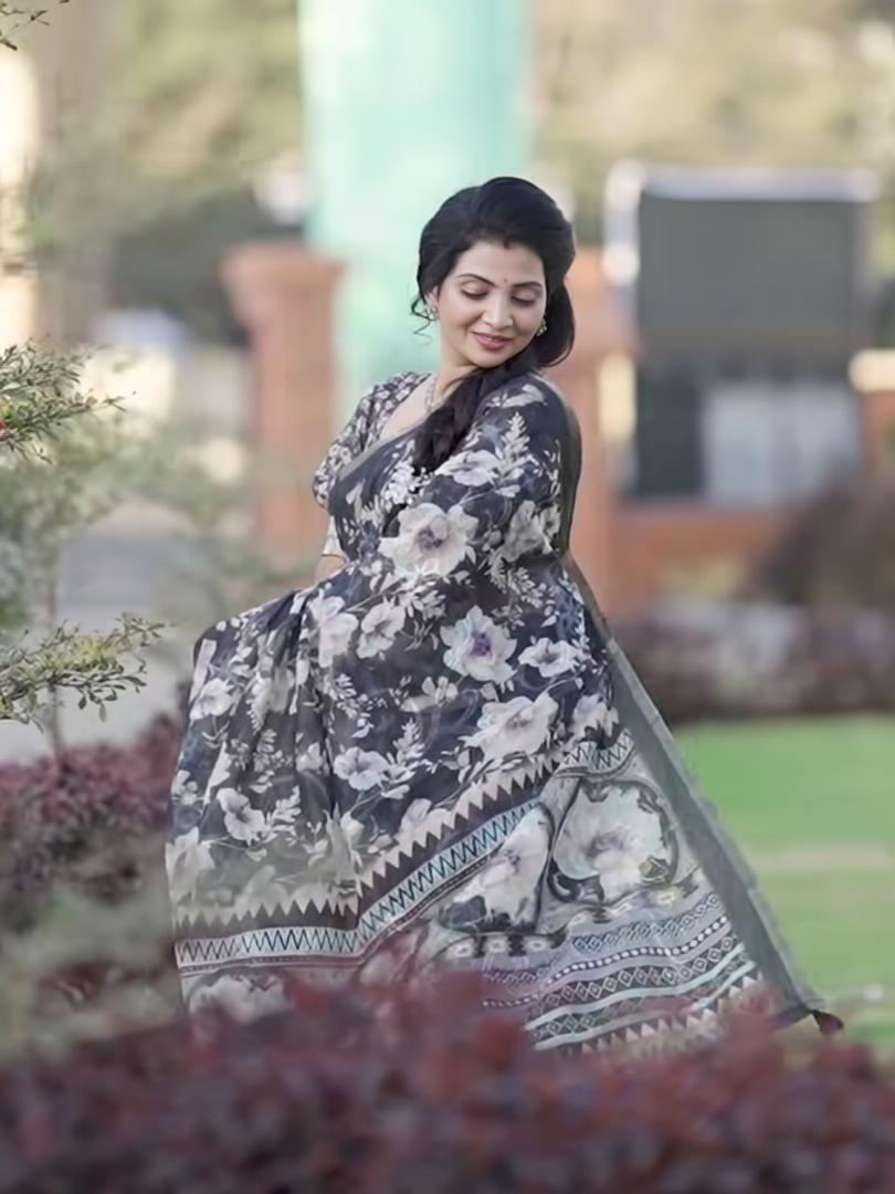 Elegant Midnight Blue Lavender Floral Print Chanderi Cotton Saree