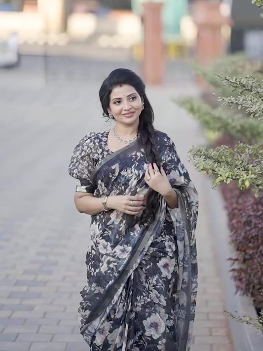 Elegant Midnight Blue Lavender Floral Print Chanderi Cotton Saree
