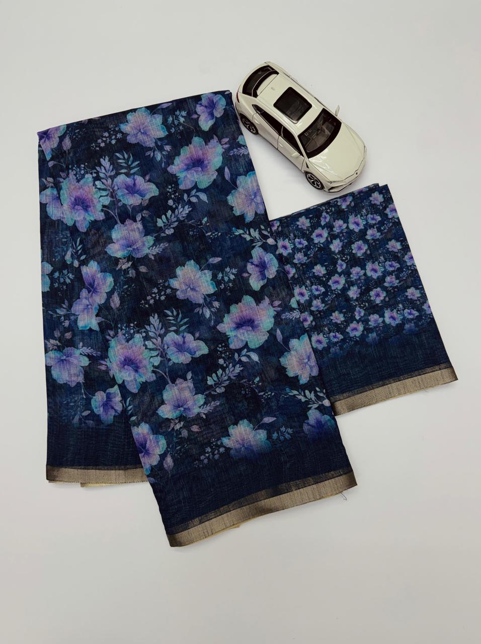 Elegant Midnight Blue Lavender Floral Print Chanderi Cotton Saree