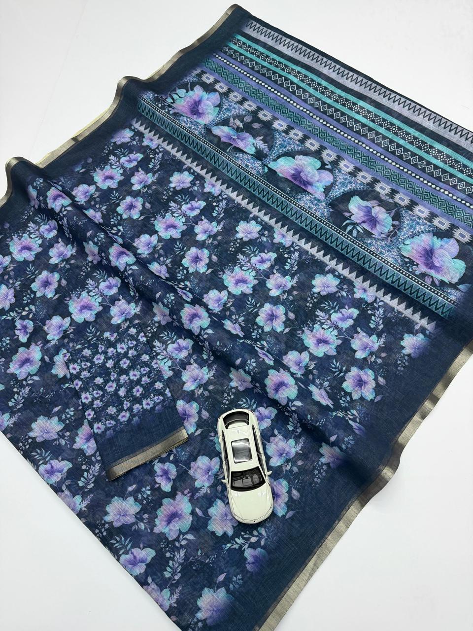 Elegant Midnight Blue Lavender Floral Print Chanderi Cotton Saree
