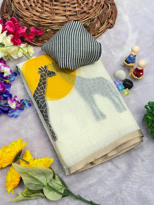 Whimsical Off White Giraffe And Sun Print Chanderi Cotton Saree