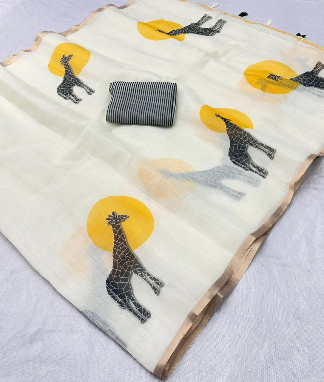 Whimsical Off White Giraffe And Sun Print Chanderi Cotton Saree
