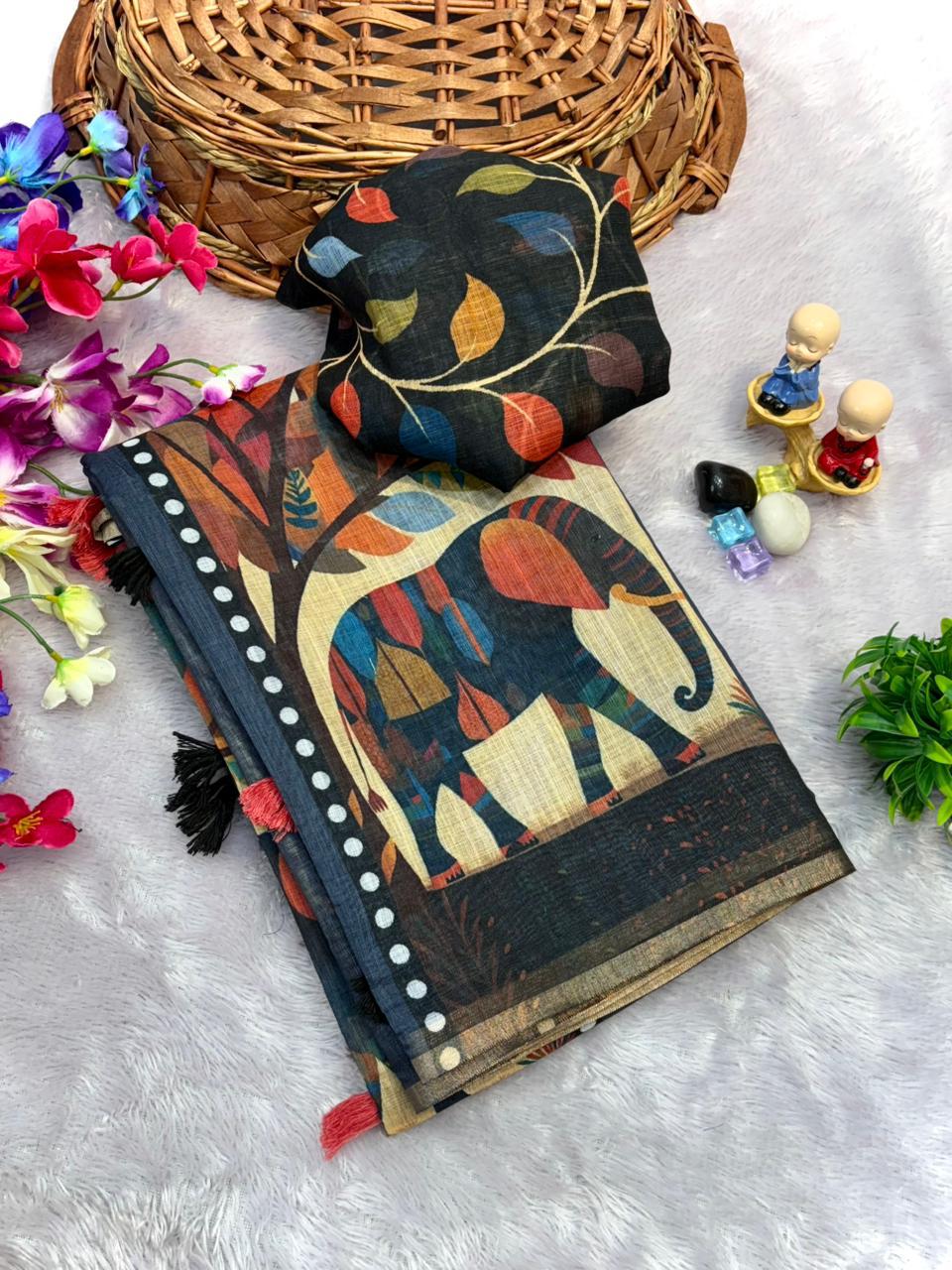 Navy Blue Elephant Block Print Chanderi Saree With Tassel Detail