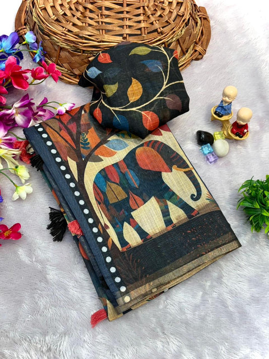 Navy Blue Elephant Block Print Chanderi Saree With Tassel Detail