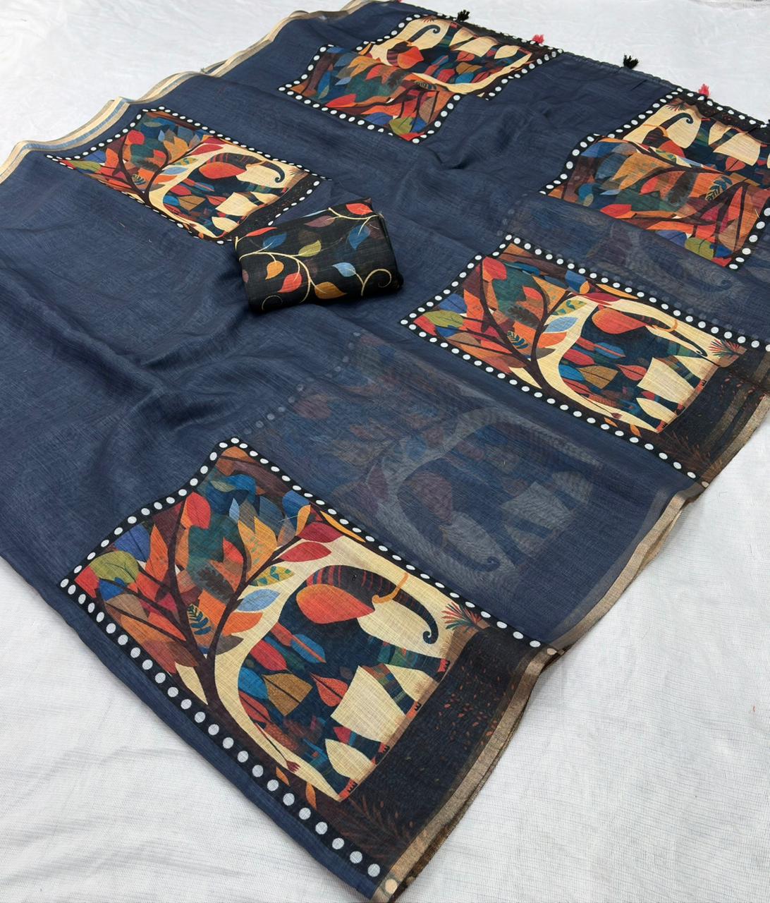 Navy Blue Elephant Block Print Chanderi Saree With Tassel Detail