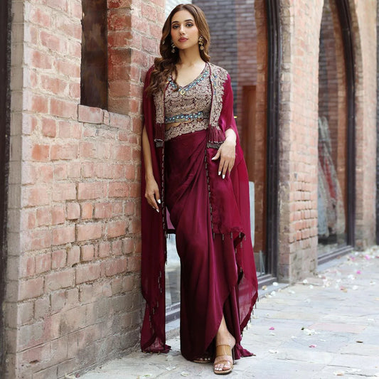 Premium Wine Organza Dhoti Salwar | Free Size (Up to 42")